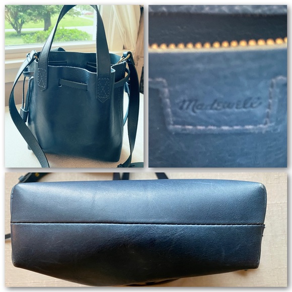Madewell Blue Leather Crossbody Drawstring Bucket Mini Transport Bag - Picture 5 of 11